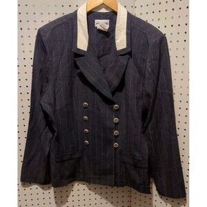 Perceptions Jacket Blazer Women Size 16 Black Pinstripe Padded Shoulders